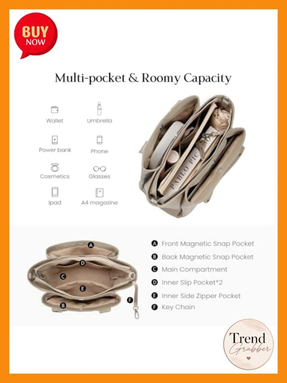 Genuine Leather Designer Satchel Tote for Women, Triple Pocket, Top-handle